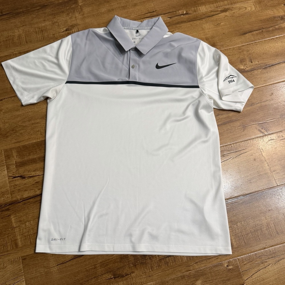 Tiger Woods Collection Nike Polo Shirt Mens Large Dri-FIT White Gray Golf 1914